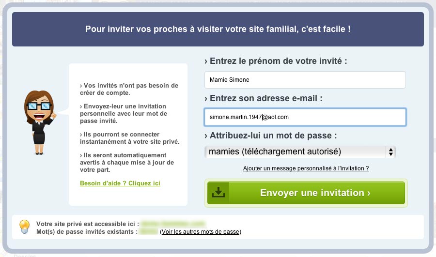 Vos proches reçoivent une invitation avec leur mot de passe pour se connecter à votre espace photos/vidéos privé