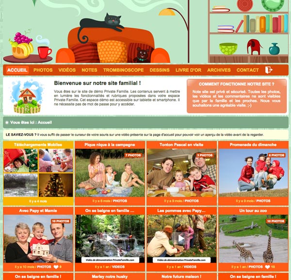 Thème "Home sweet home" d'un espace famille. Vous pouvez changer de thème quand vous voulez et personnaliser votre thème avec vos images ou photos personnelles