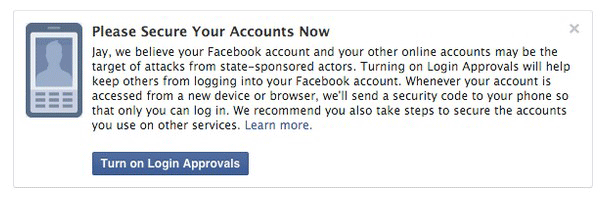 Piratage Facebook : Voici le message que vous pourriez recevoir dès lors où votre compte aurait été piraté par un état ou un groupe de hackers financés par un état...