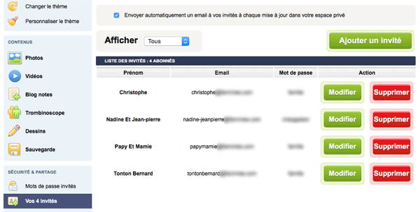 Il suffit d'ajouter ses invités et de déterminer quel mot de passe ils utiliseront pour se connecter à son carnet de voyage en ligne
