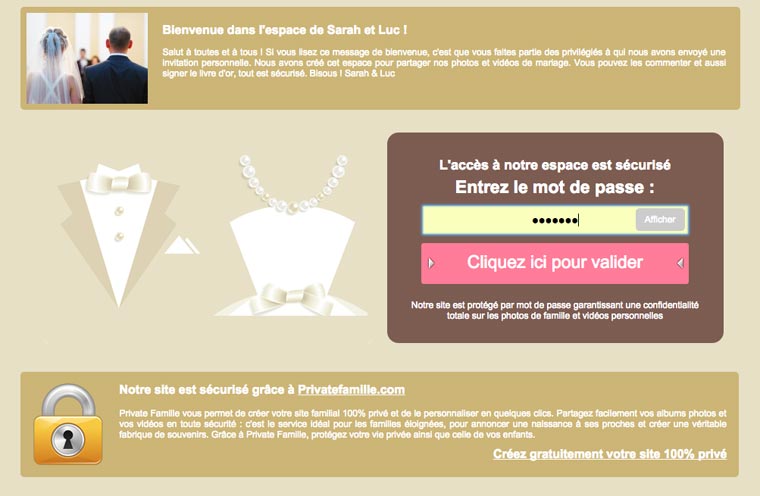 Site de mariage privé avec mot de passe pour partager albums photos et vidéos de son mariage