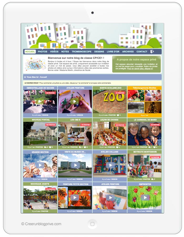 Une fois connecté, les parents et invités peuvent visionner les photos, les vidéos et accéder aux informations laissées par les enseignants